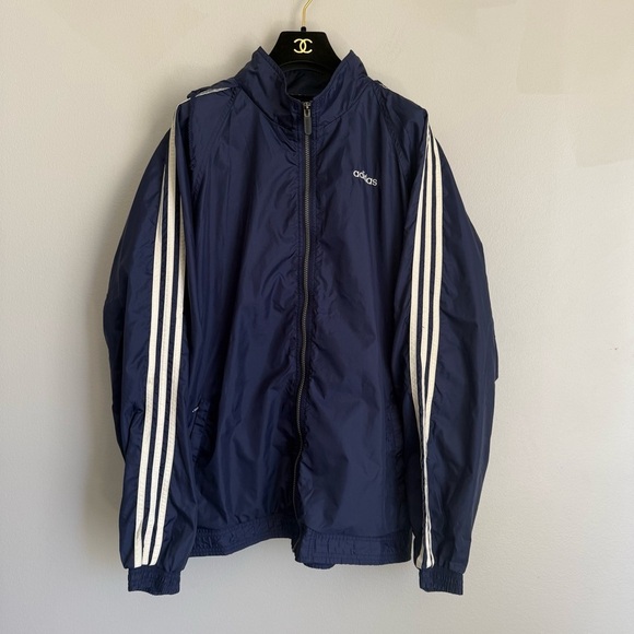 Vtg Y2K Adidas windbreaker 3 stripe sleeve oversized zip up jacket navy size XL - Picture 1 of 6